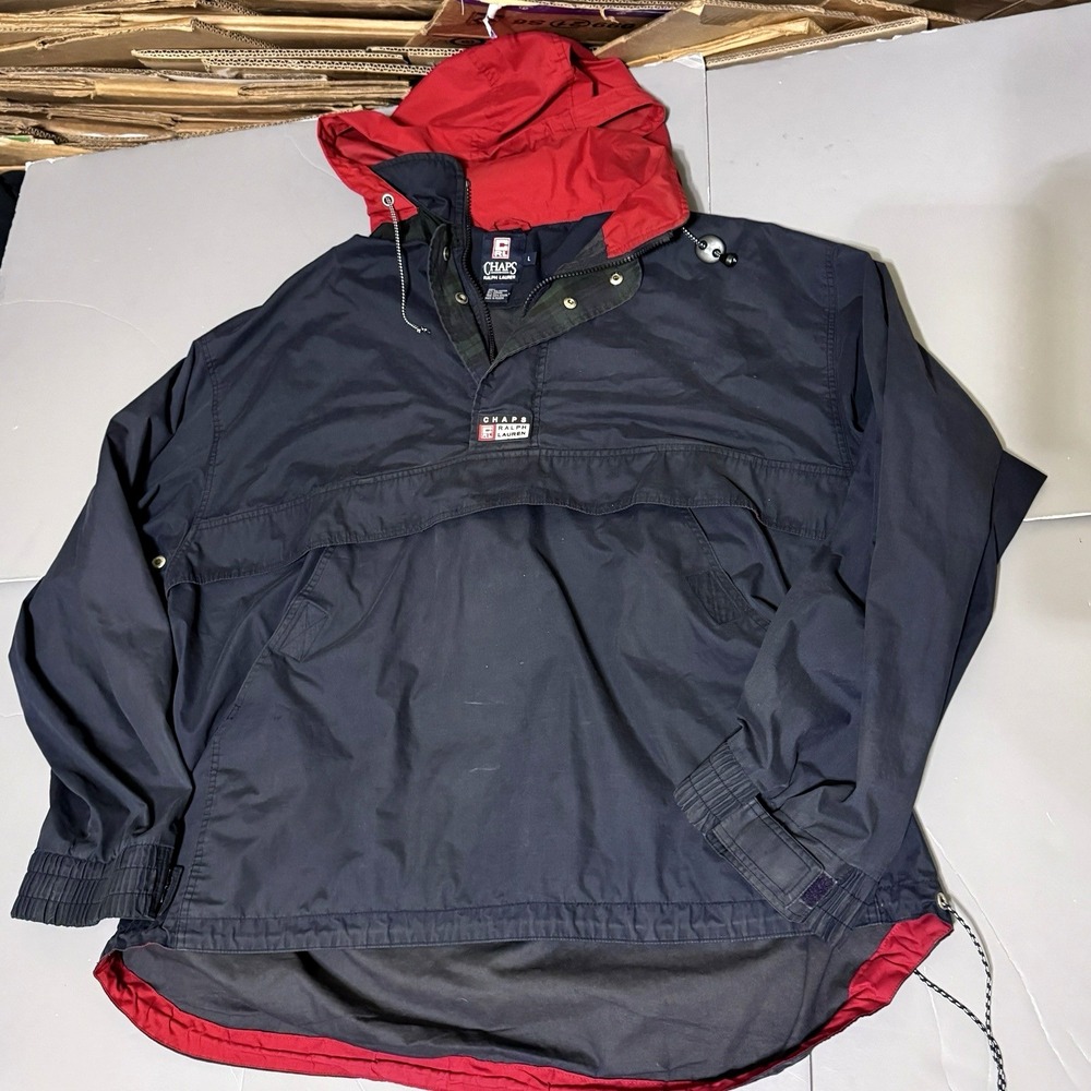 Chaps Ralph Lauren Anorak Jakcet L Large Navy Blue Red Hooded Vintage 90s